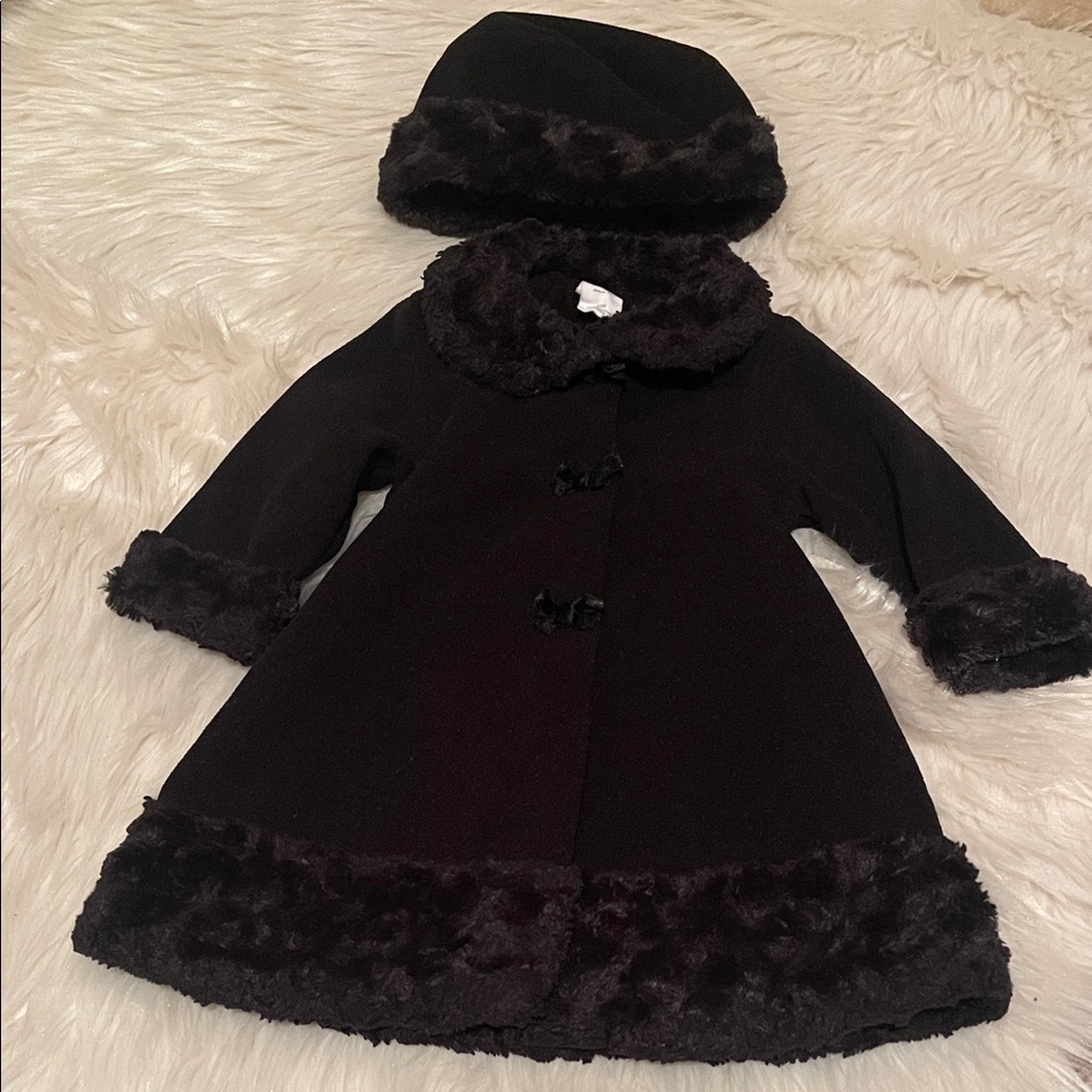 Starting Out Black Kids Coat with Faux Fur Trim